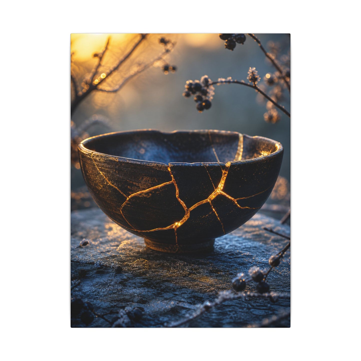 Ceramic Bowl Canvas Art | Winter Kintsugi Gold Repair Art