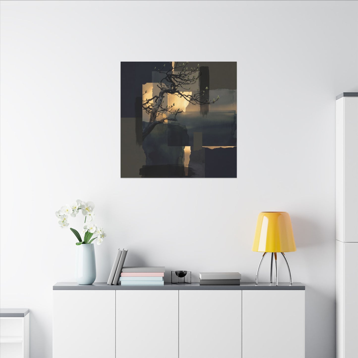 Golden Hour Pine Tree Canvas Art - Dark Japandi Kanso