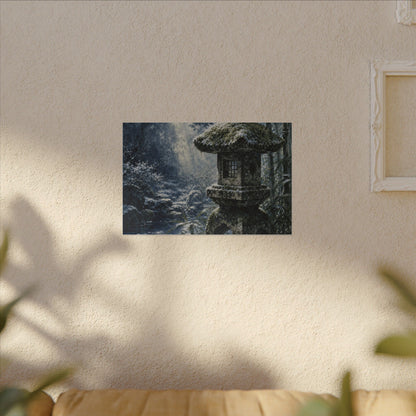 Zen Stone Lantern in Dappled | Sumi E Canvas Art