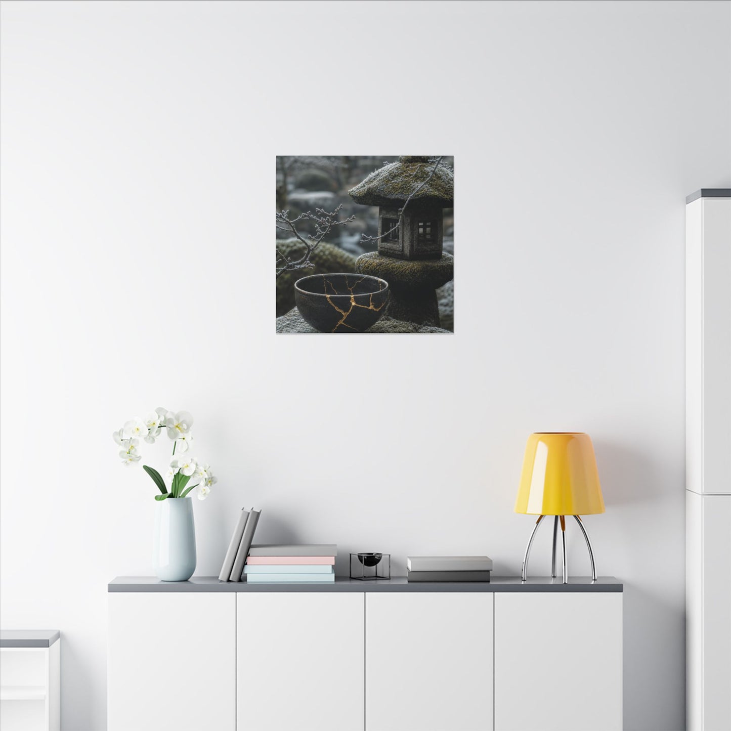 Stone Lantern Canvas Art | Winter Kintsugi Gold Repair Art