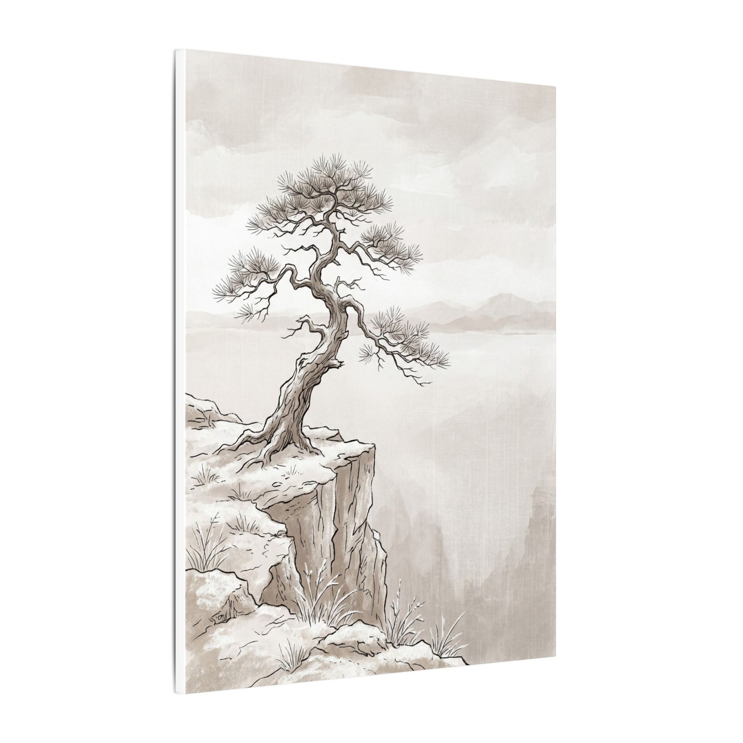 Neutral Pine Tree Canvas Art - Minimal Line Japandi