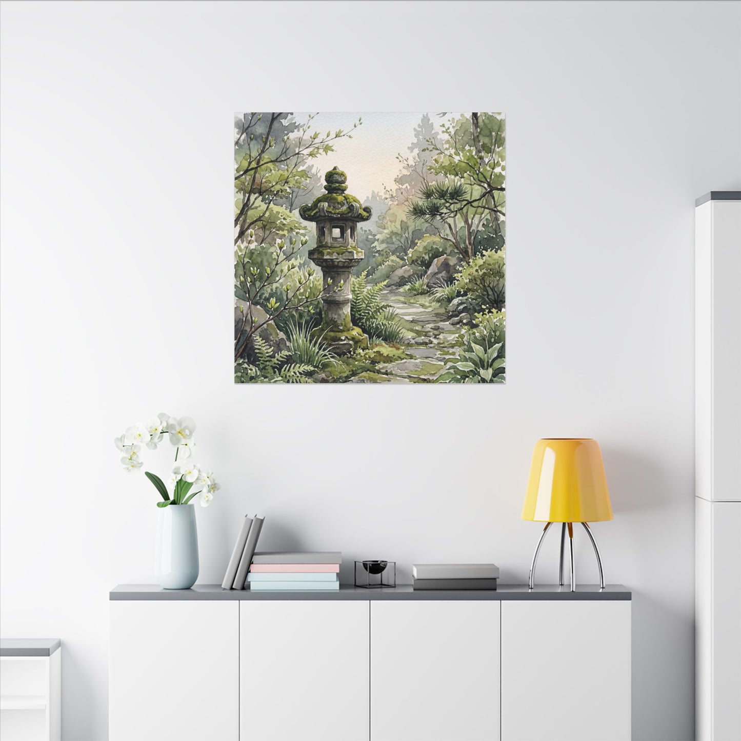 Neutral Stone Lantern Canvas Art - Watercolor Japandi