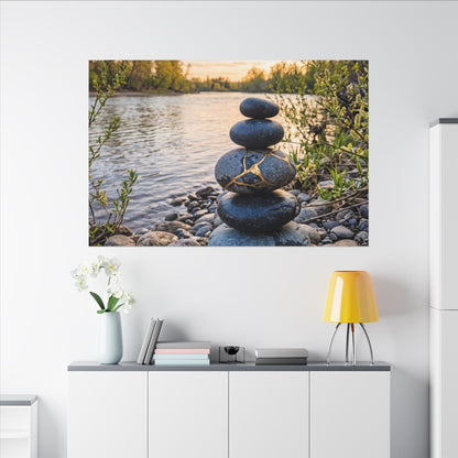 Kintsugi River Stones in Golden Hour | Gold Vein Canvas Art