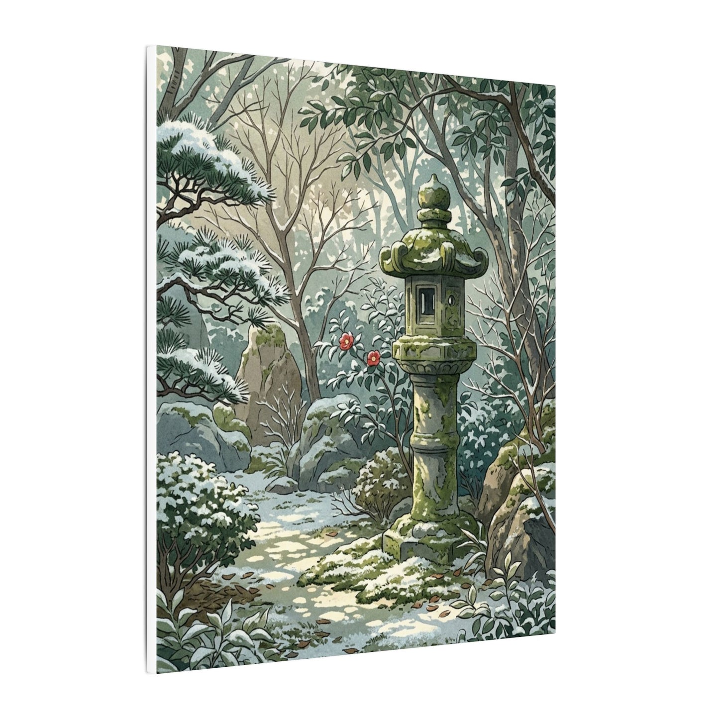 Stone Lantern Winter Canvas Art | Japandi Warm Design