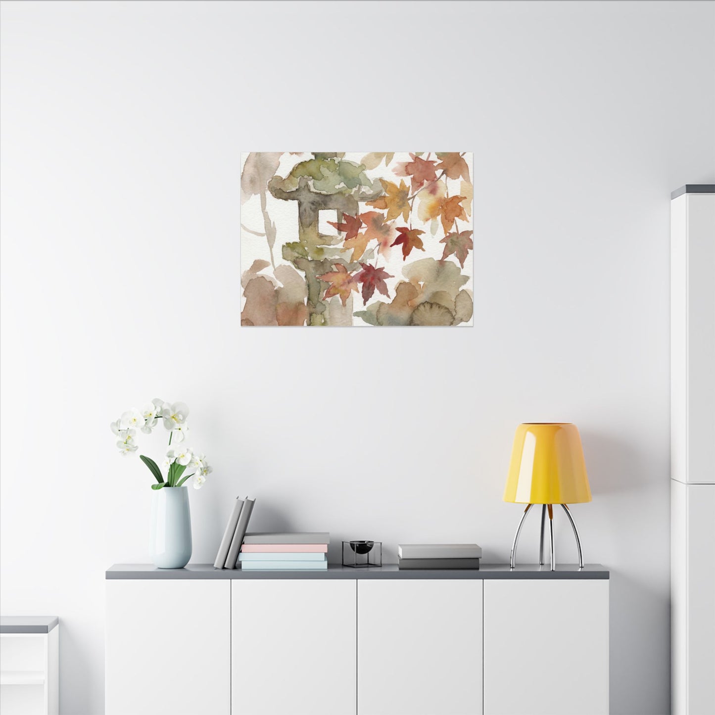 Stone Lantern Watercolor Canvas Art | Earthy Japandi Art