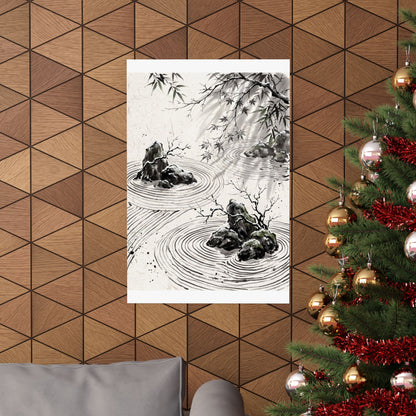 Winter Rock Garden Sumi E Wall Art Print | Serene Decor