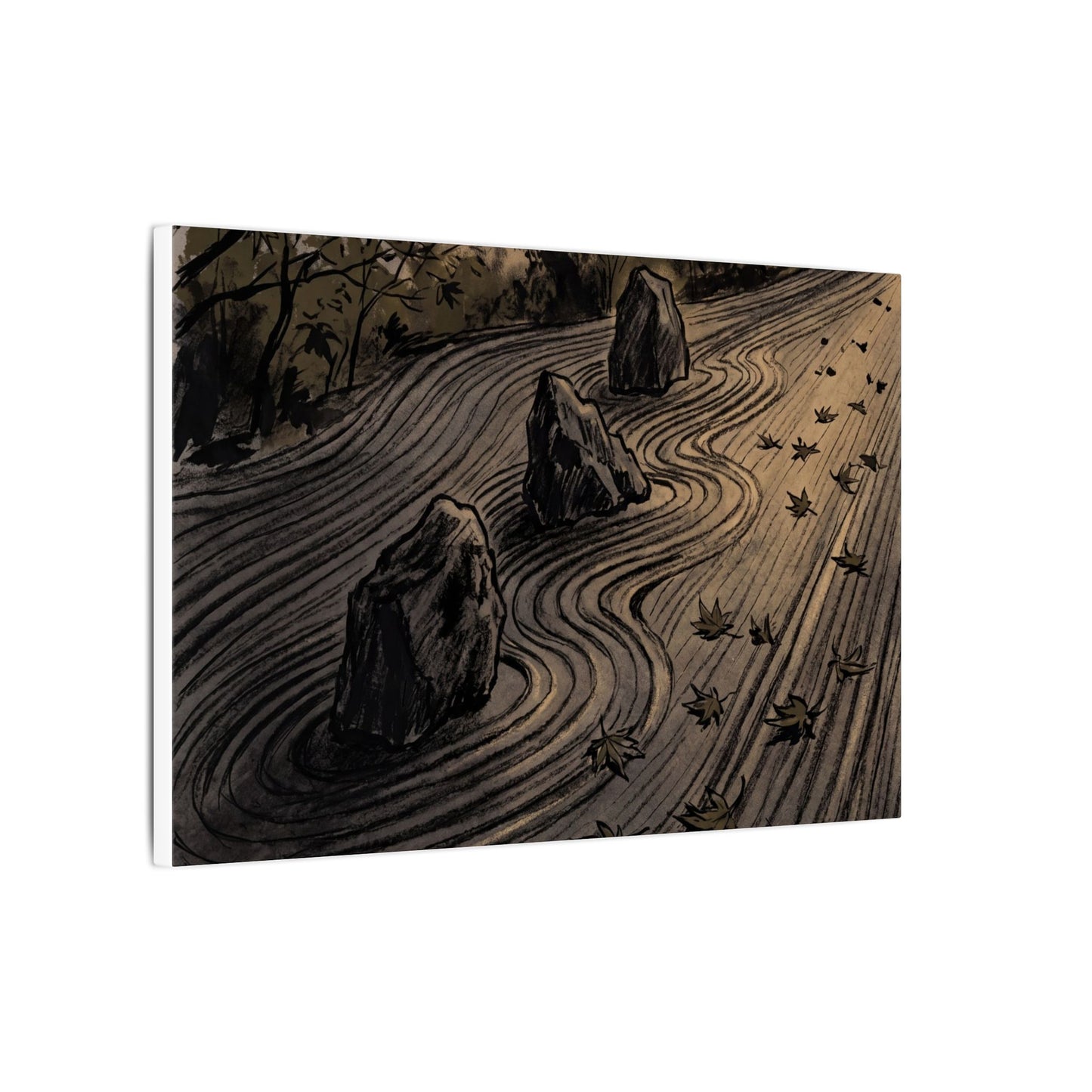 Rock Garden Canvas Art | Autumn Dark Japandi Charcoal Ink Art