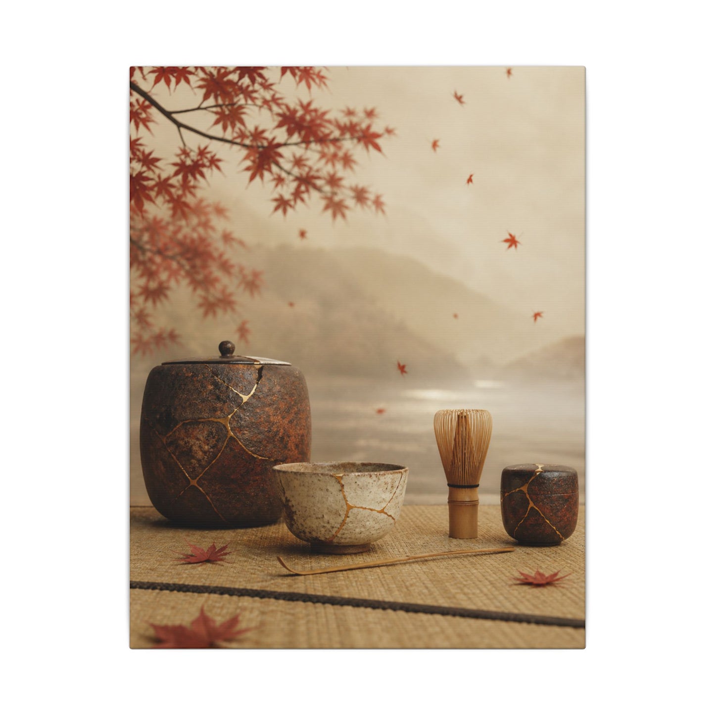 Tea Ceremony Canvas Art | Autumn Kintsugi Gold Vein Art