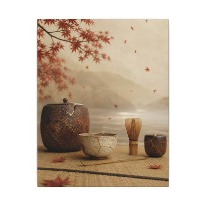 Tea Ceremony Canvas Art | Autumn Kintsugi Gold Vein Art