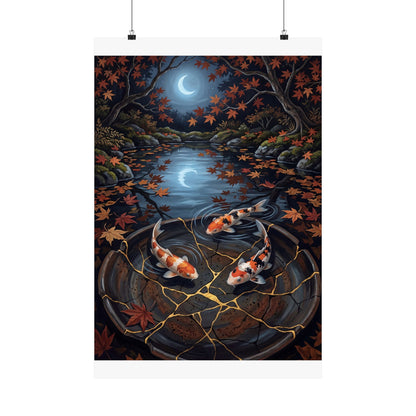 Kintsugi Koi Pond in Moonlight | Gold Repair Wall Art Print
