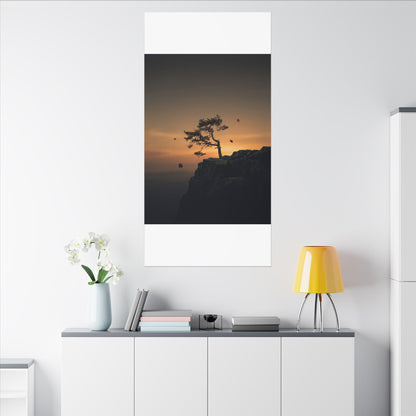 Dark Japandi Pine Tree in Golden Hour | Moody Minimal Canvas Art