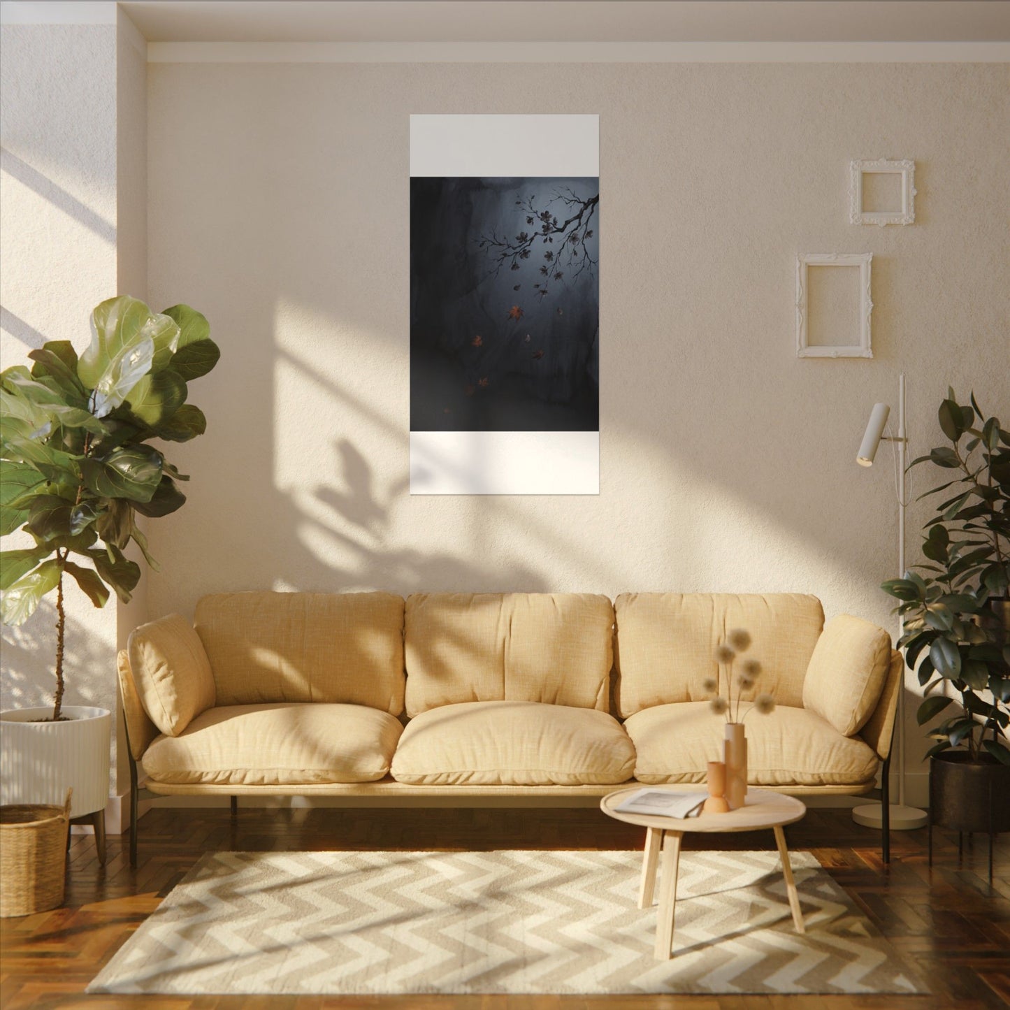 Autumn Cherry Blossom Charcoal Ink Canvas Art | Atmospheric Decor