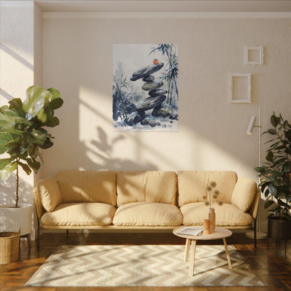 Zen River Stones in Moonlight | Sumi E Canvas Art