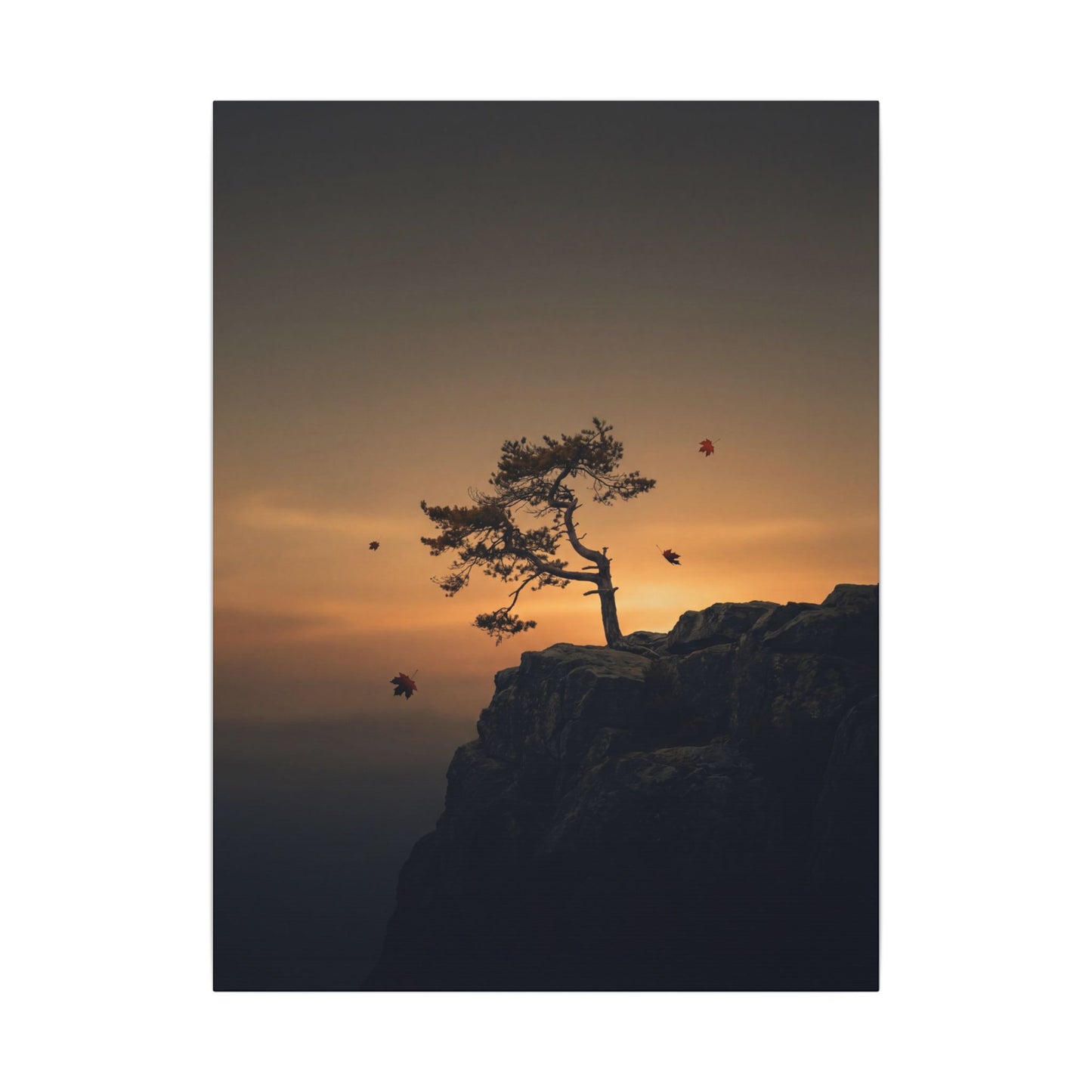 Dark Japandi Pine Tree in Golden Hour | Moody Minimal Canvas Art