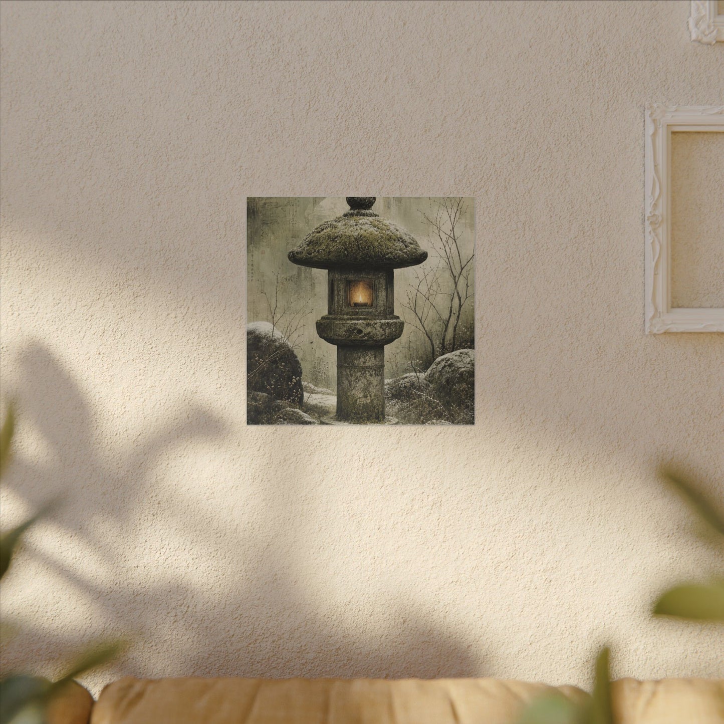 Stone Lantern Winter Canvas Art | Japandi Neutral Design