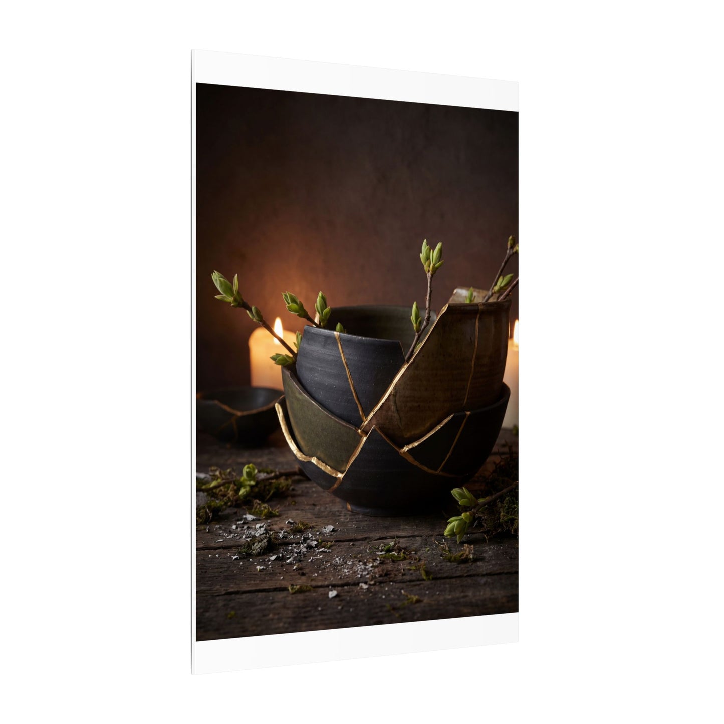 Broken Pottery Spring Canvas Art | Dark Japandi Luxurious Design
