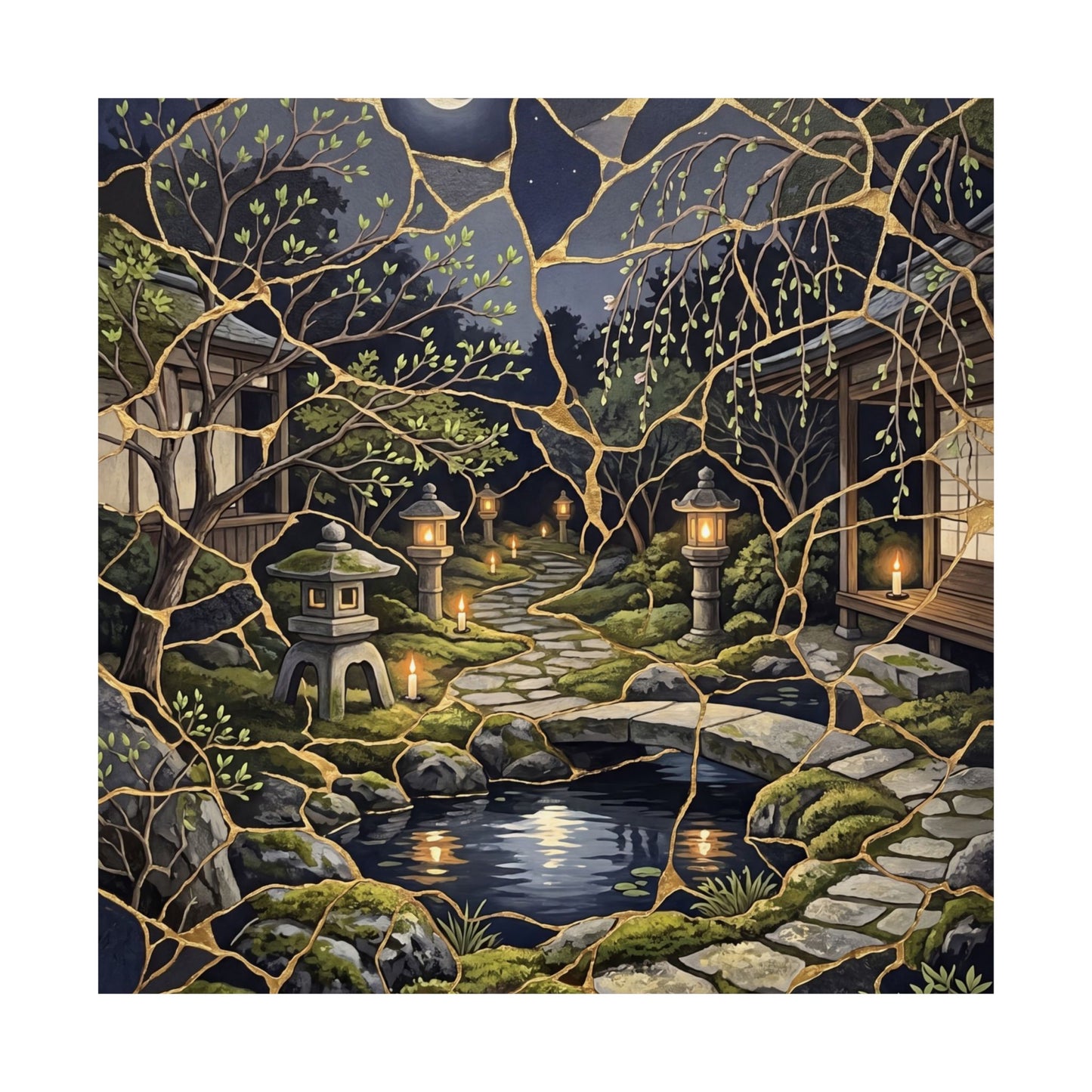 Spring Moonlit Garden Gold Vein Wall Art Print | Artful Decor