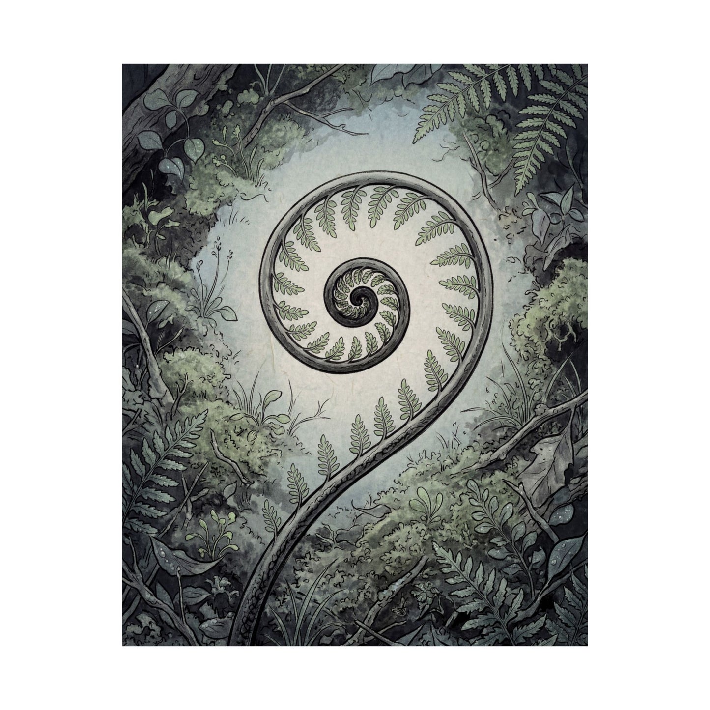 Fern Unfurling Ukiyo E Inspired Wall Art Print | Contemplative Zen Art