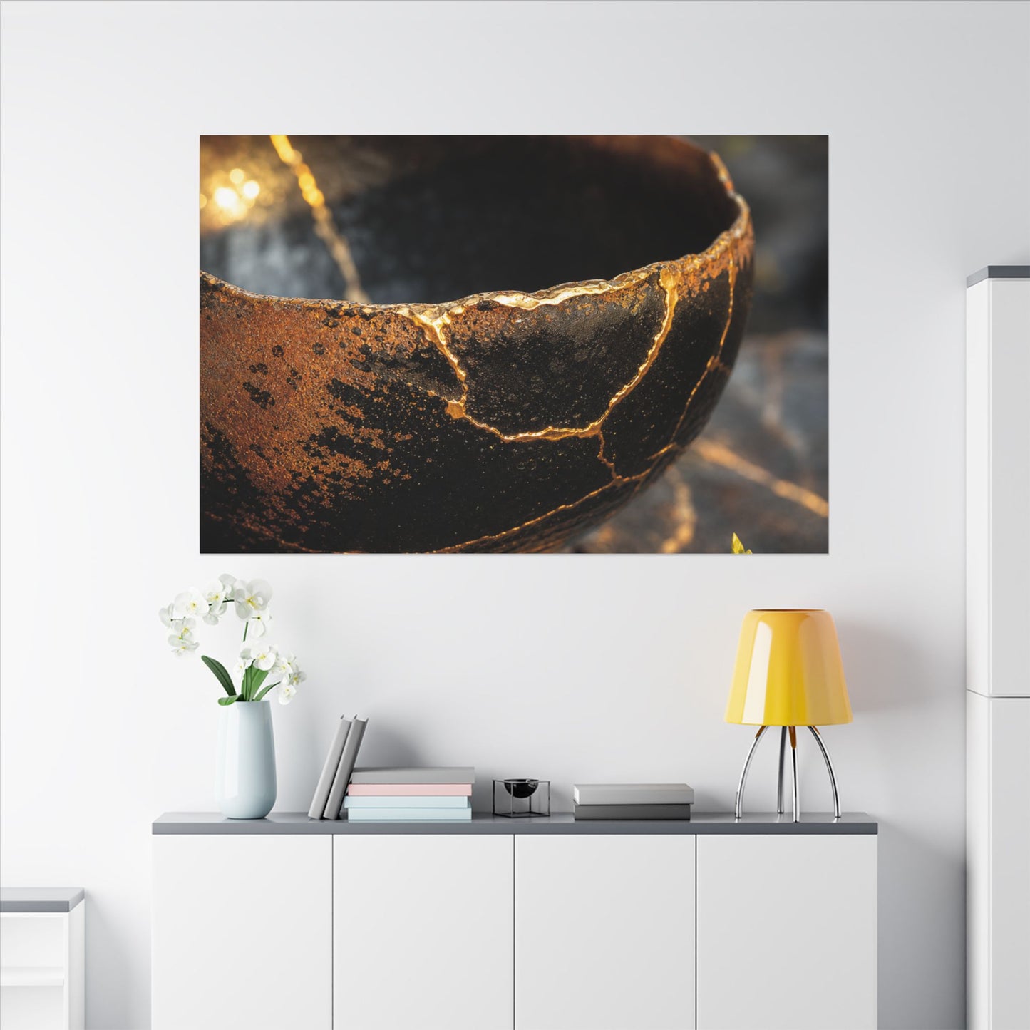 Kintsugi Ceramic Bowl in Golden Hour | Gold Vein Canvas Art