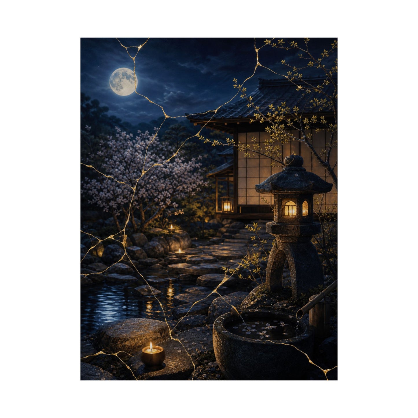 Spring Moonlit Garden Gold Vein Wall Art Print | Resilient Decor