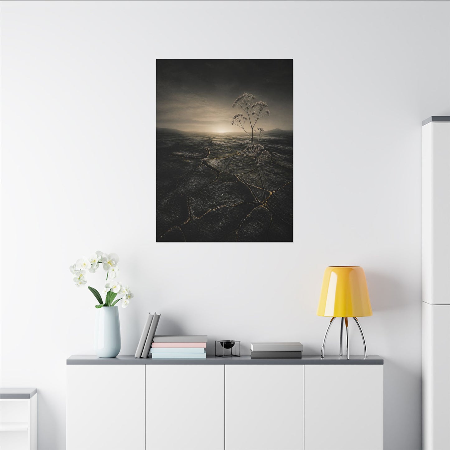 Dawn Cracked Earth Canvas Art - Dark Japandi Mono No Aware