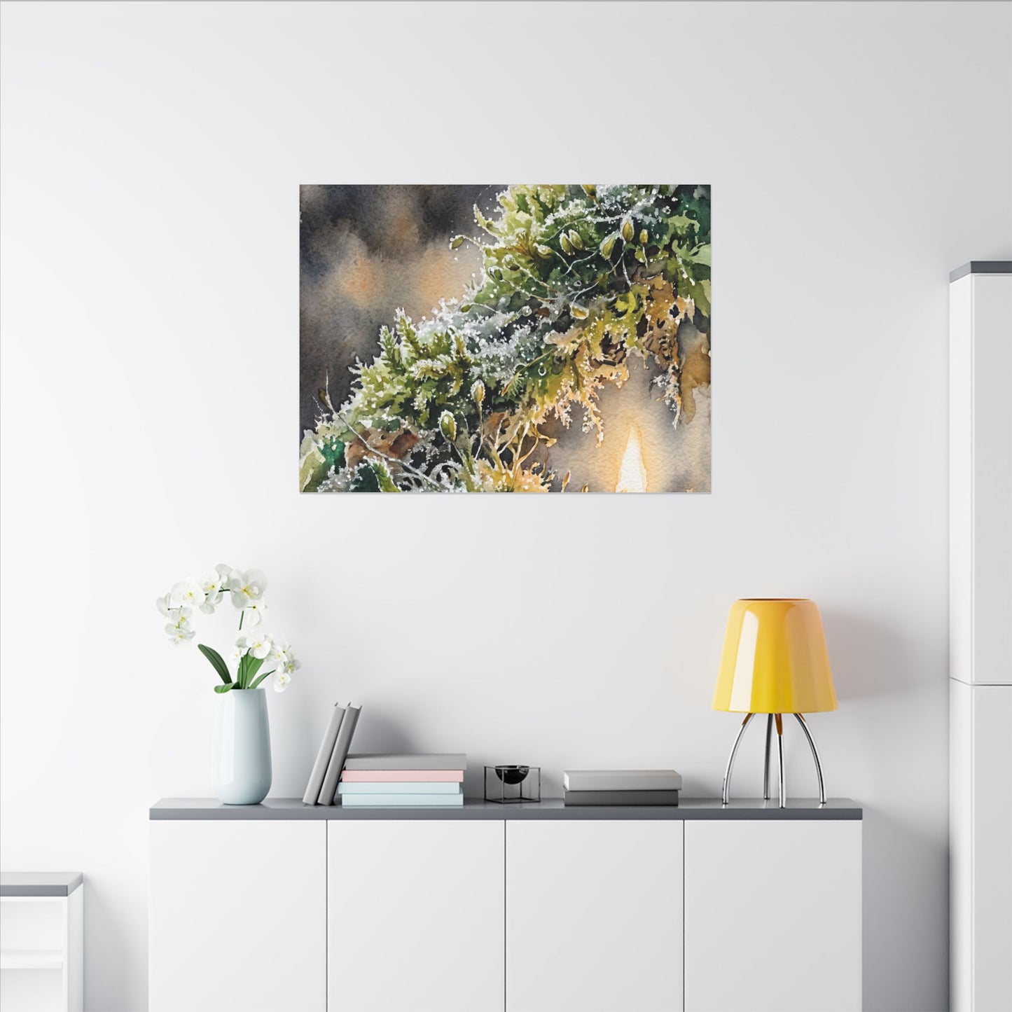 Winter Moss Close Up Watercolor Canvas Art | Neutral Decor