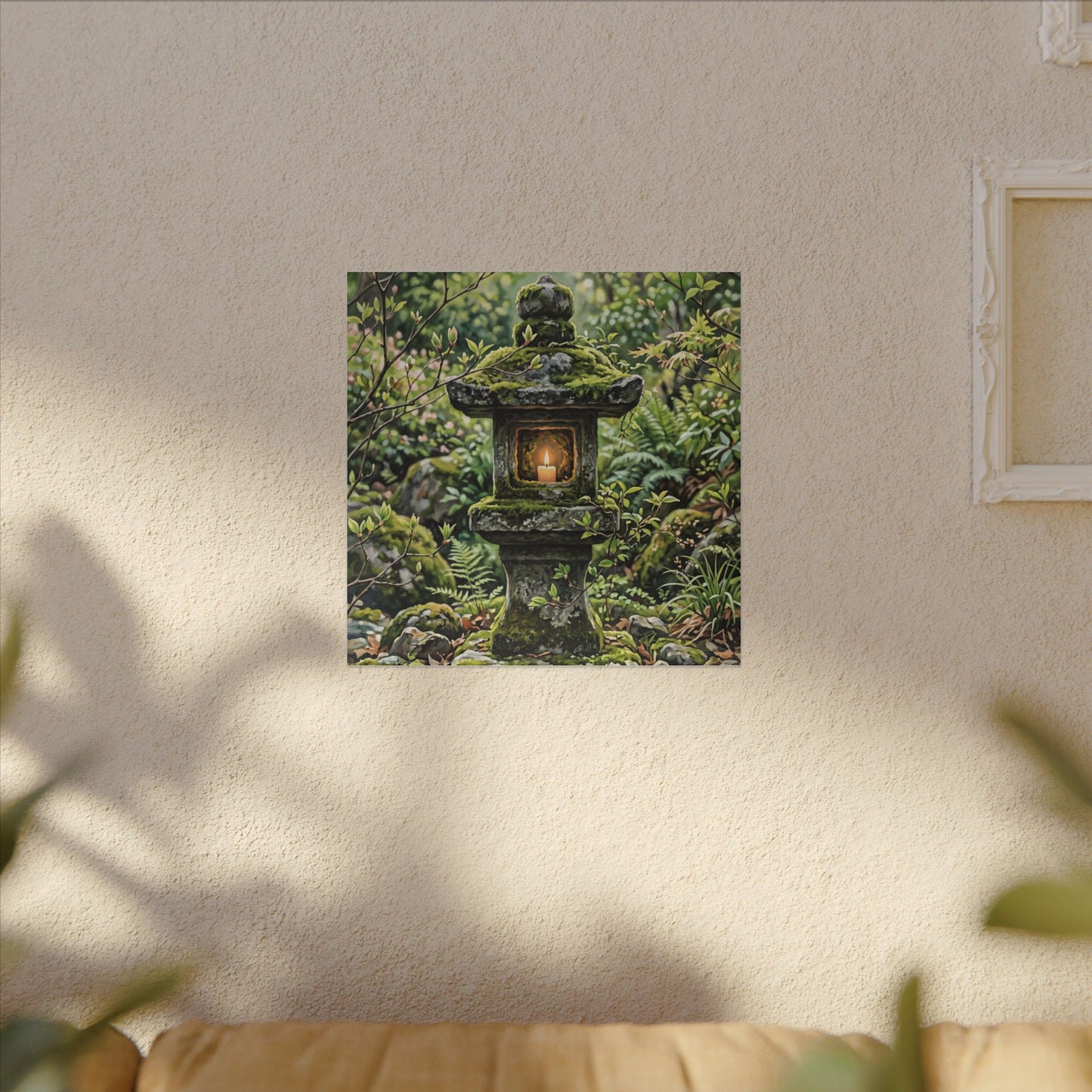 Neutral Stone Lantern Canvas Art - Japanese Pattern Japandi