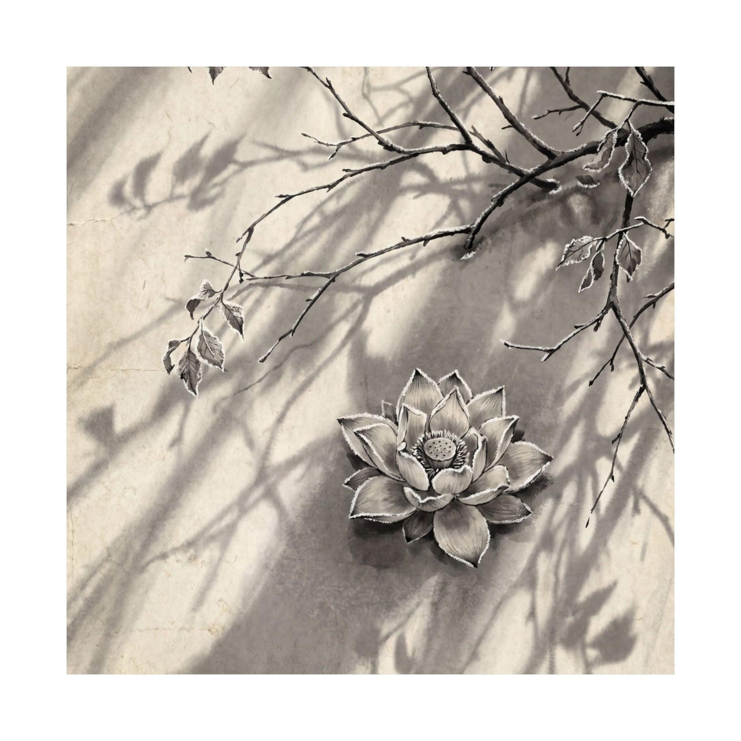 Contemplative Lotus Flower Wall Art Print - Sumi E Zen