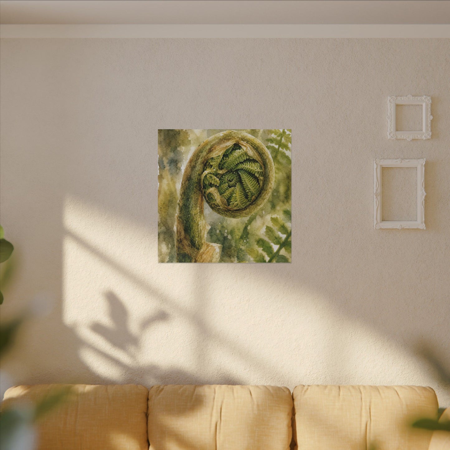 Japandi Fern Unfurling in Dappled | Watercolor Canvas Art