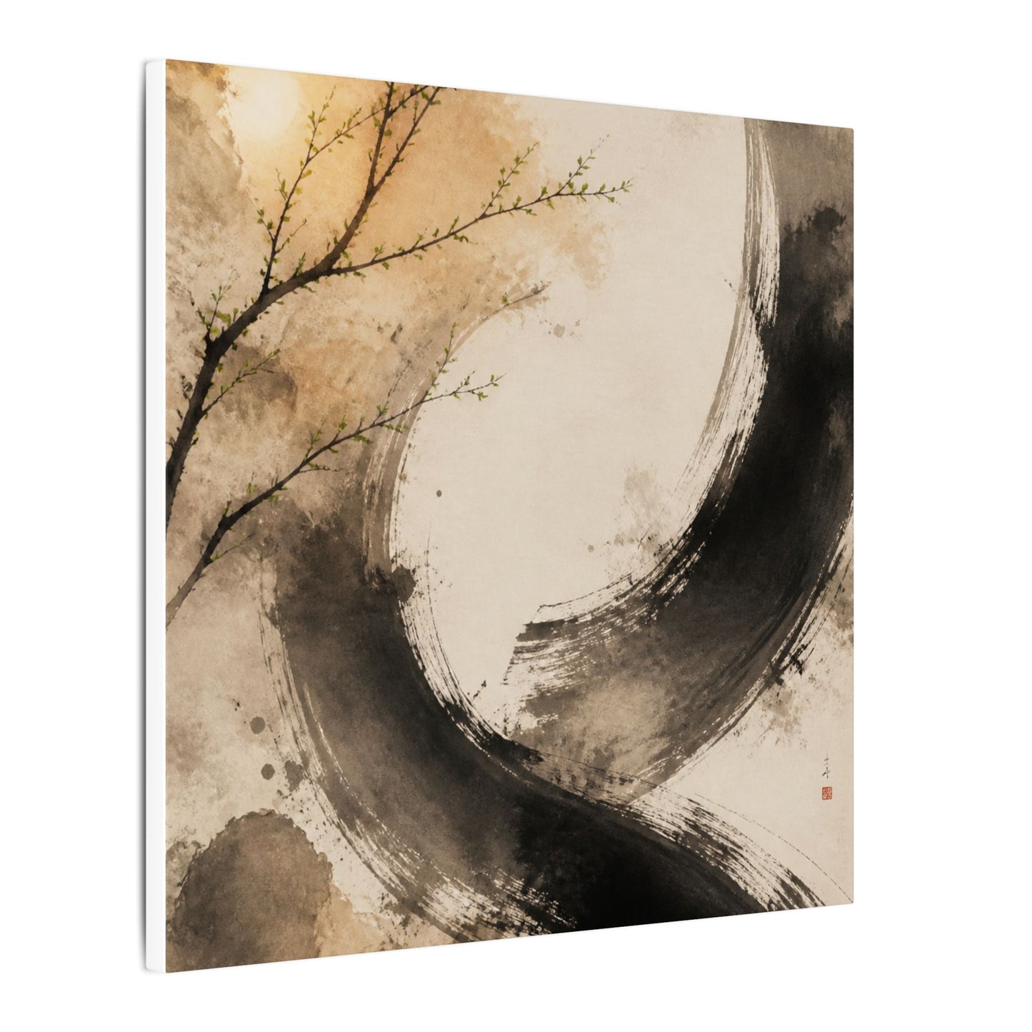 Japandi Ink Brushstroke in Golden Hour | Watercolor Canvas Art