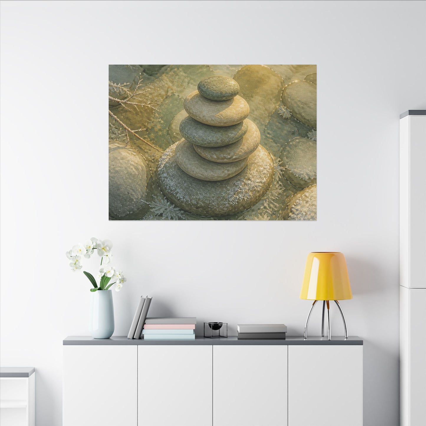 River Stones Watercolor Canvas Art | Elegant Japandi Art