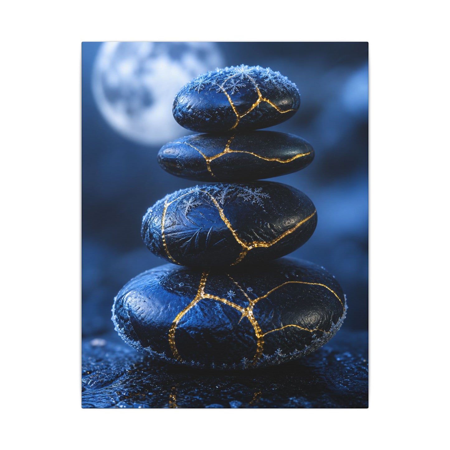 River Stones Canvas Art | Winter Kintsugi Gold Repair Art