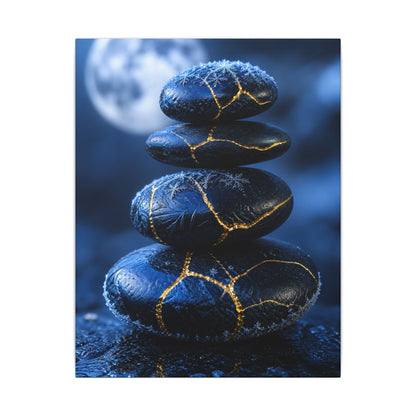 River Stones Canvas Art | Winter Kintsugi Gold Repair Art