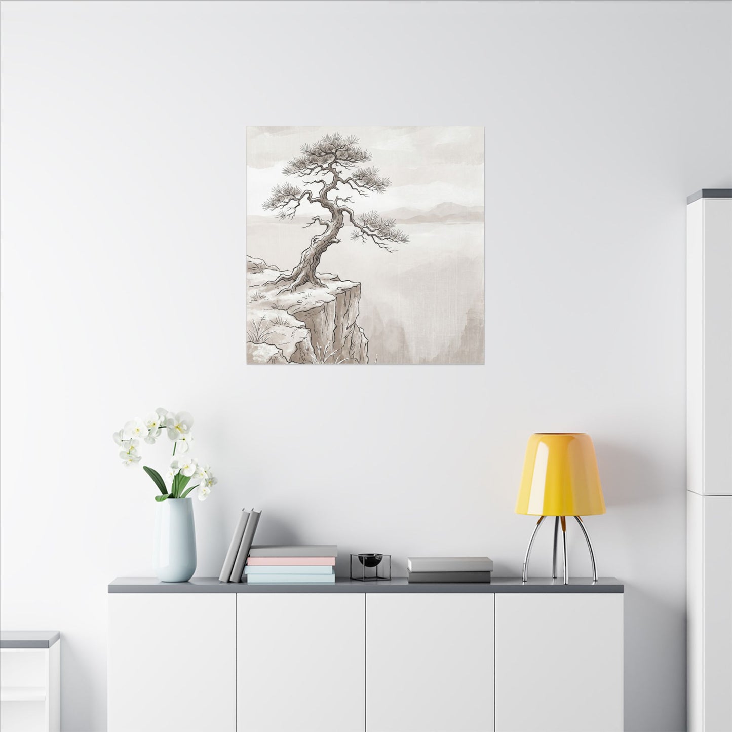 Neutral Pine Tree Canvas Art - Minimal Line Japandi