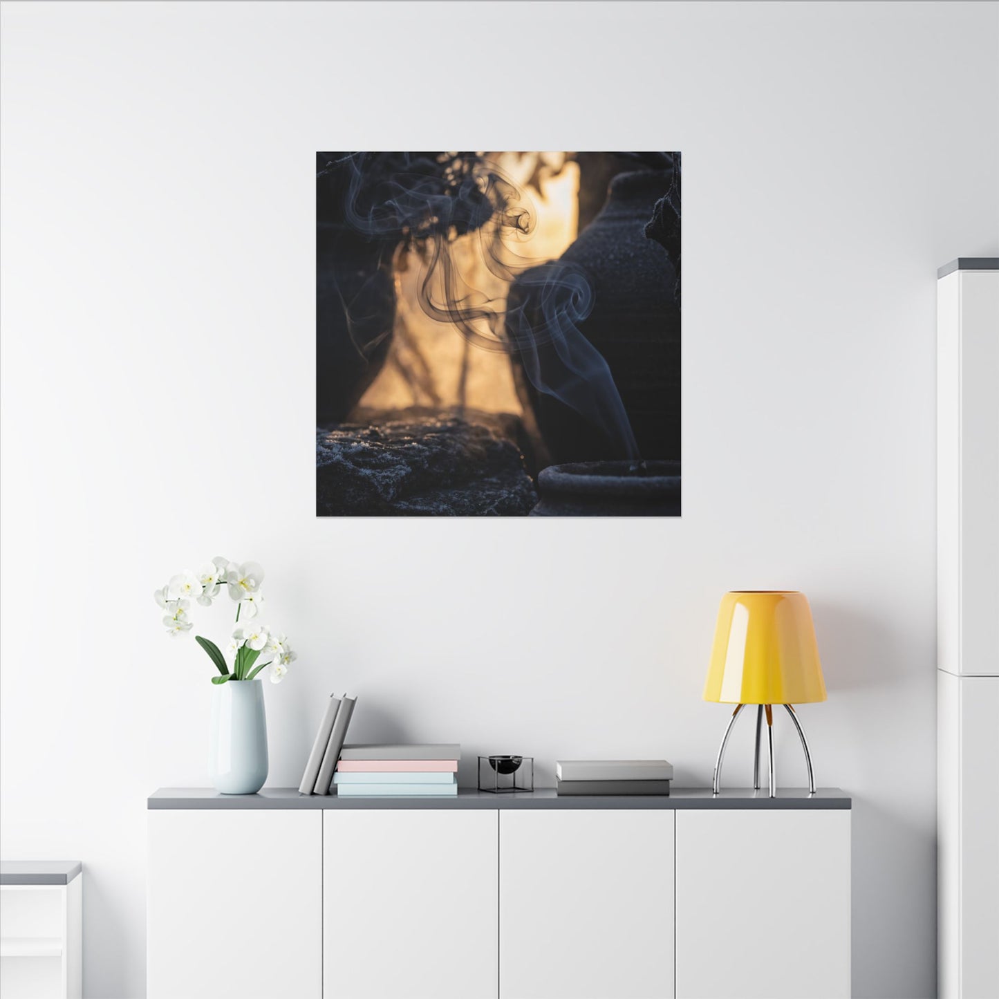 Incense Smoke Canvas Art | Winter Dark Japandi Shadow Zen Art