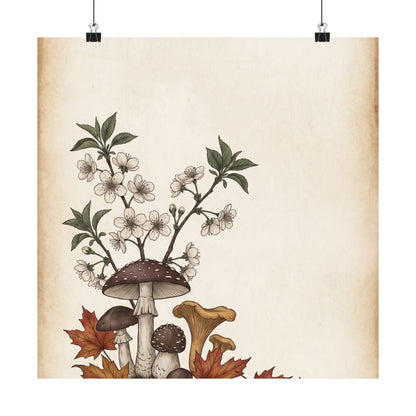 Autumn Cherry Blossom Mushroom Illustration Wall Art Print | Enchanting Decor
