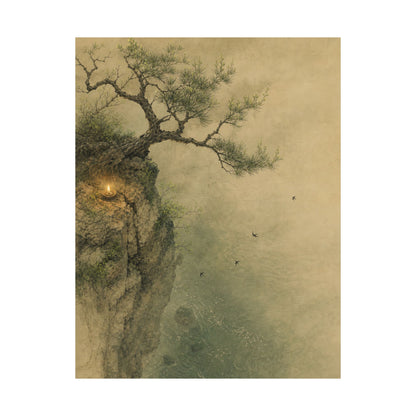 Japandi Pine Tree in Candlelight | Minimal Line Wall Art Print