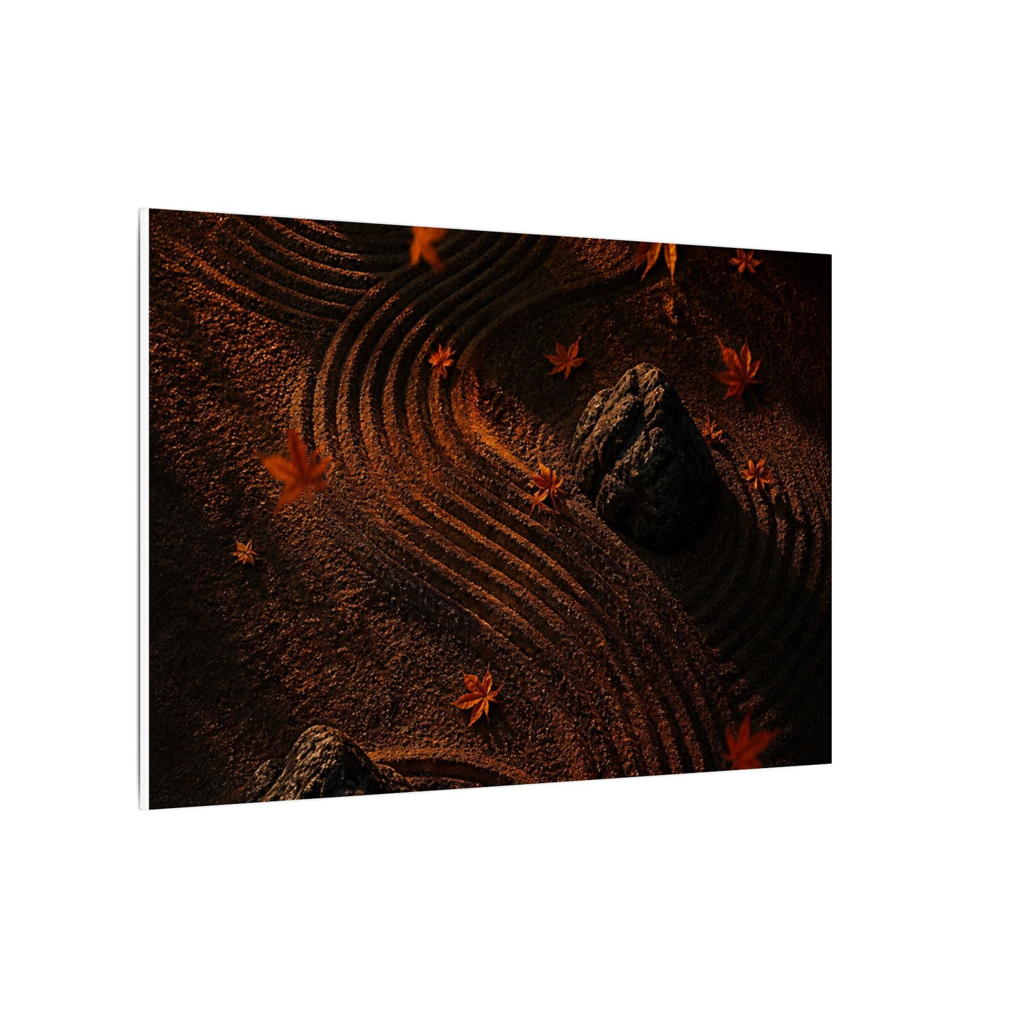 Dark Japandi Rock Garden in Golden Hour | Charcoal Ink Canvas Art