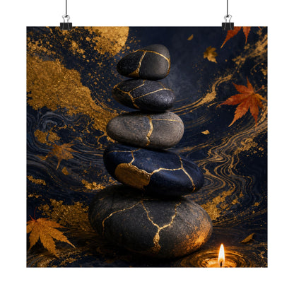 River Stones Wall Art Print | Autumn Kintsugi Gold Vein Art