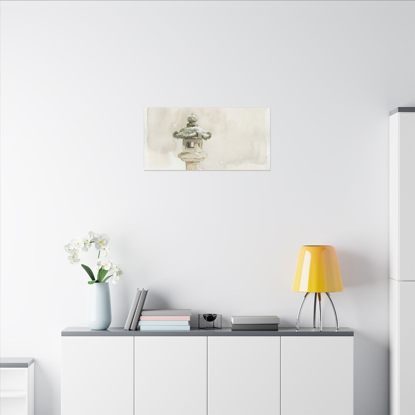 Stone Lantern Winter Canvas Art | Japandi Earthy Design