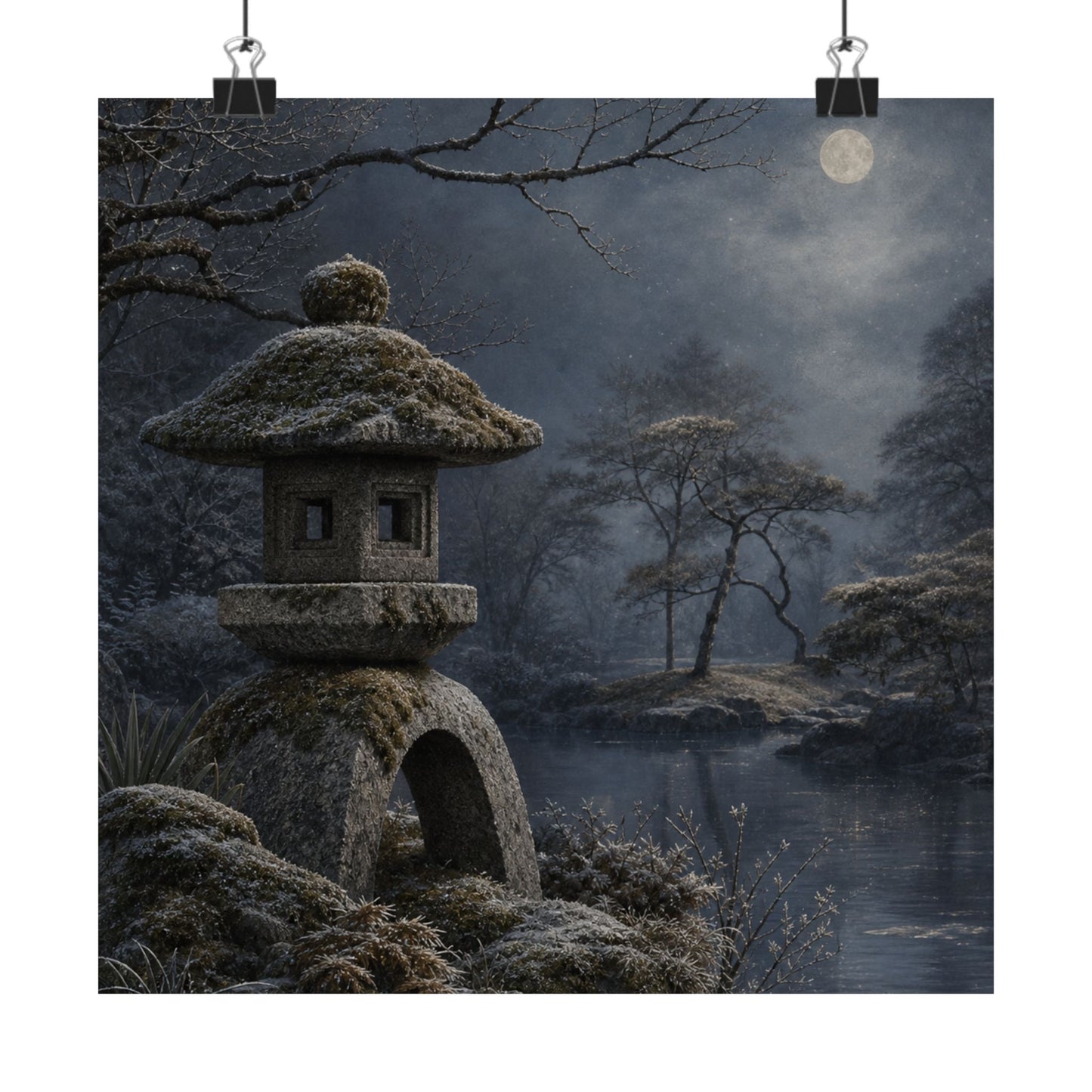 Winter Stone Lantern Japanese Pattern Wall Art Print | Earthy Decor