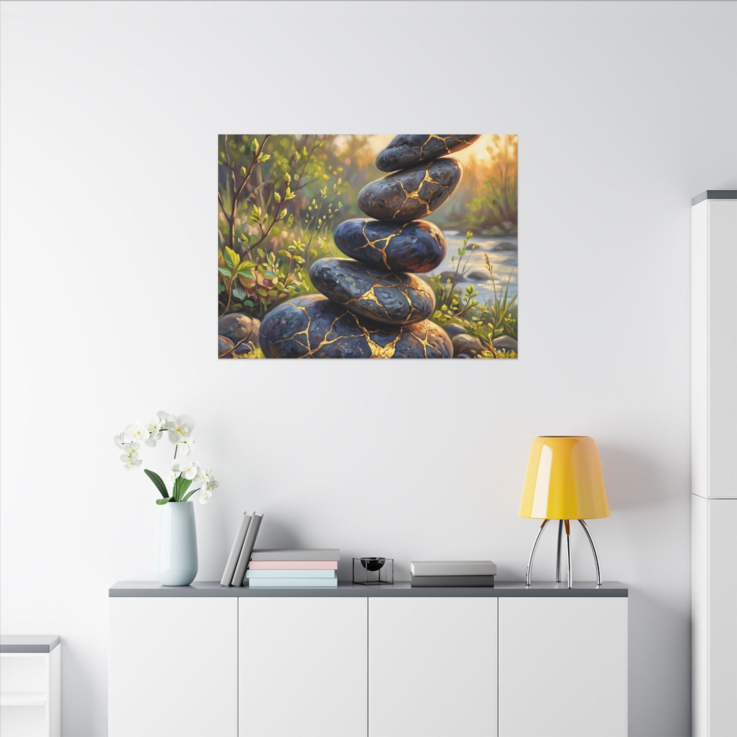 Spring River Stones Gold Repair Canvas Art | Healing Decor