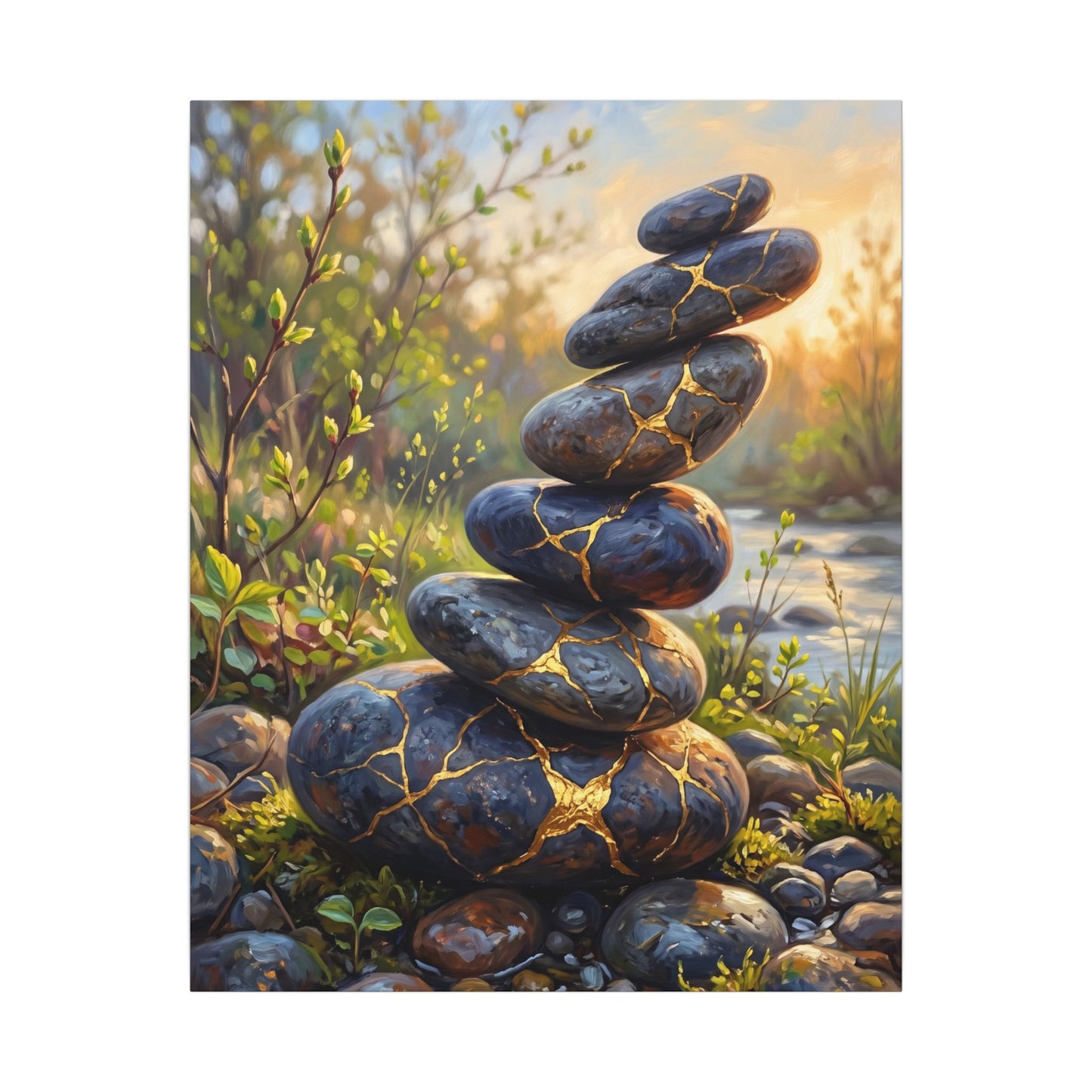 Spring River Stones Gold Repair Canvas Art | Healing Decor