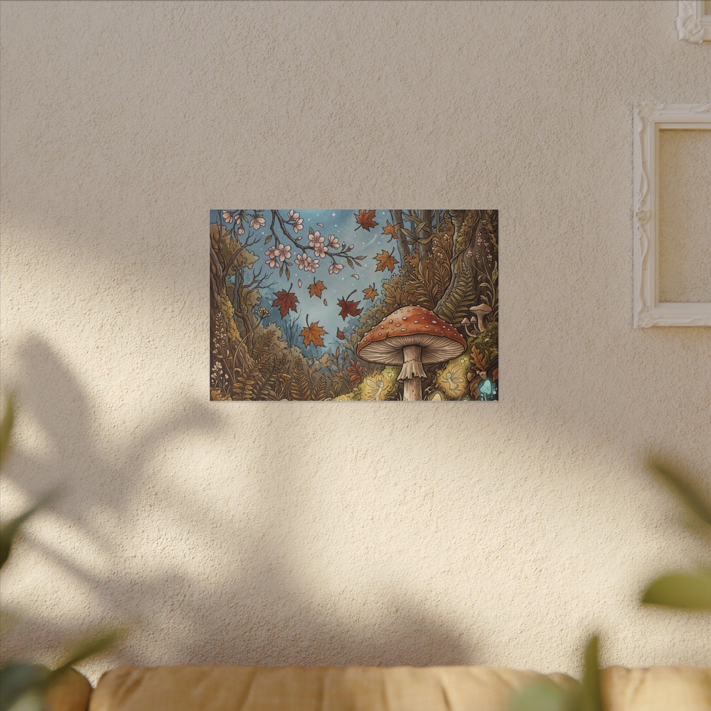 Autumn Cherry Blossom Mushroom Illustration Canvas Art | Enchanting Decor