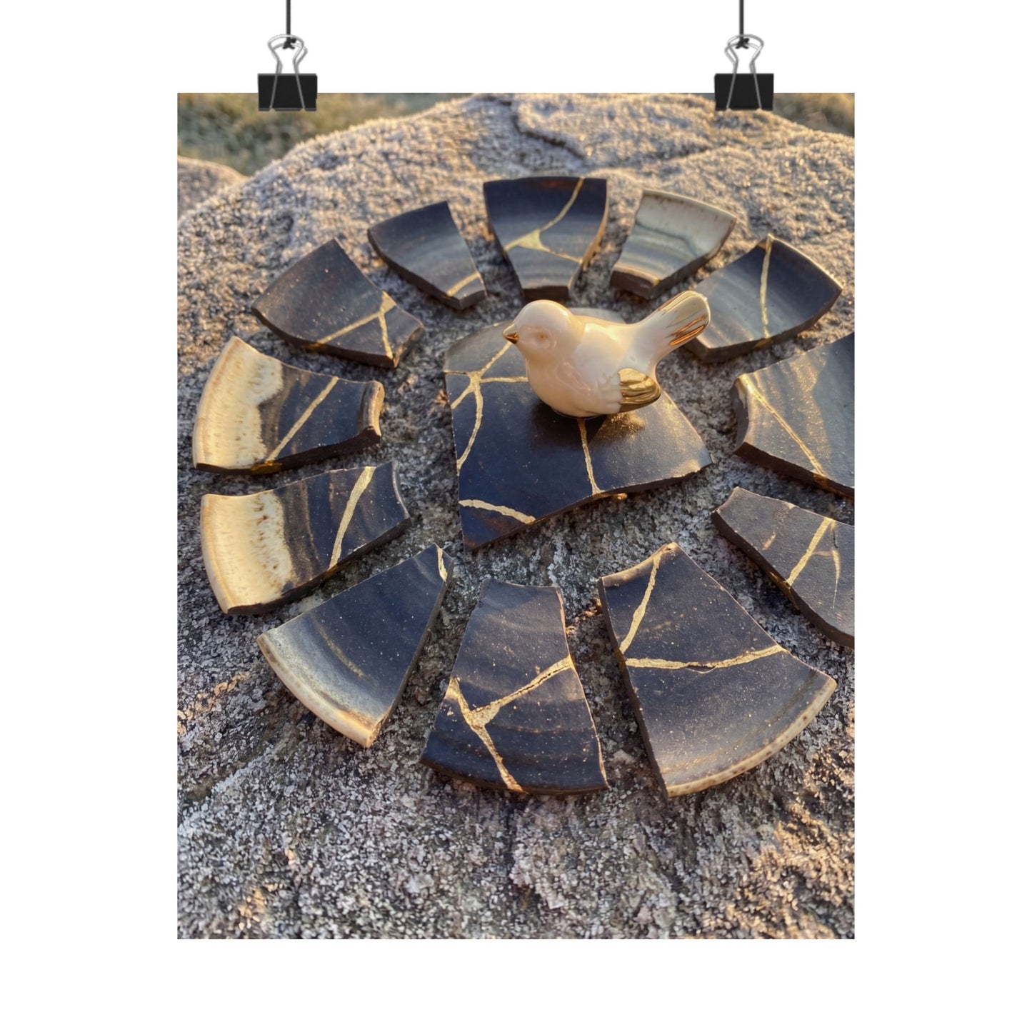 Kintsugi Broken Pottery in Golden Hour | Gold Repair Wall Art Print Art Print