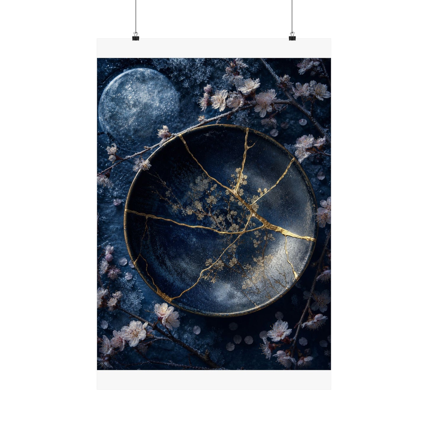 Kintsugi Cherry Blossom in Moonlight | Gold Repair Wall Art Print