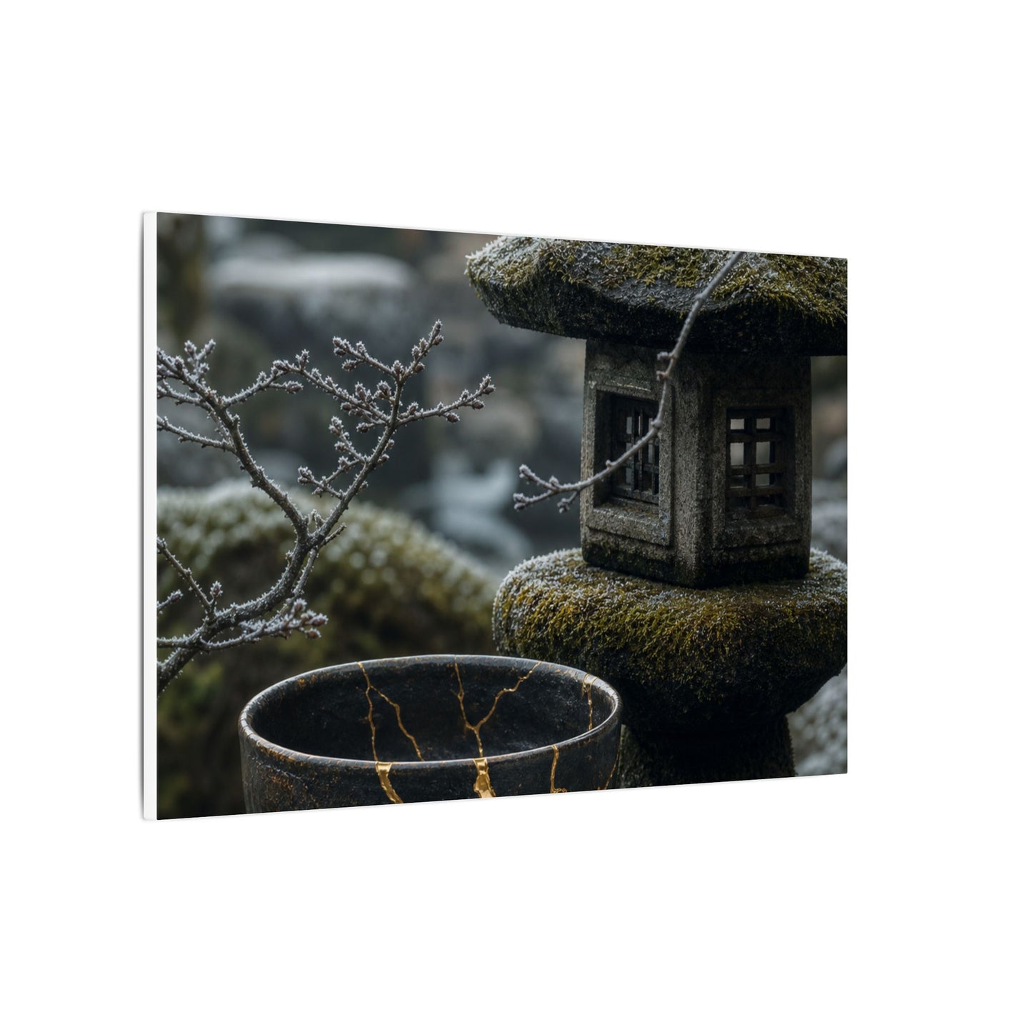 Stone Lantern Canvas Art | Winter Kintsugi Gold Repair Art