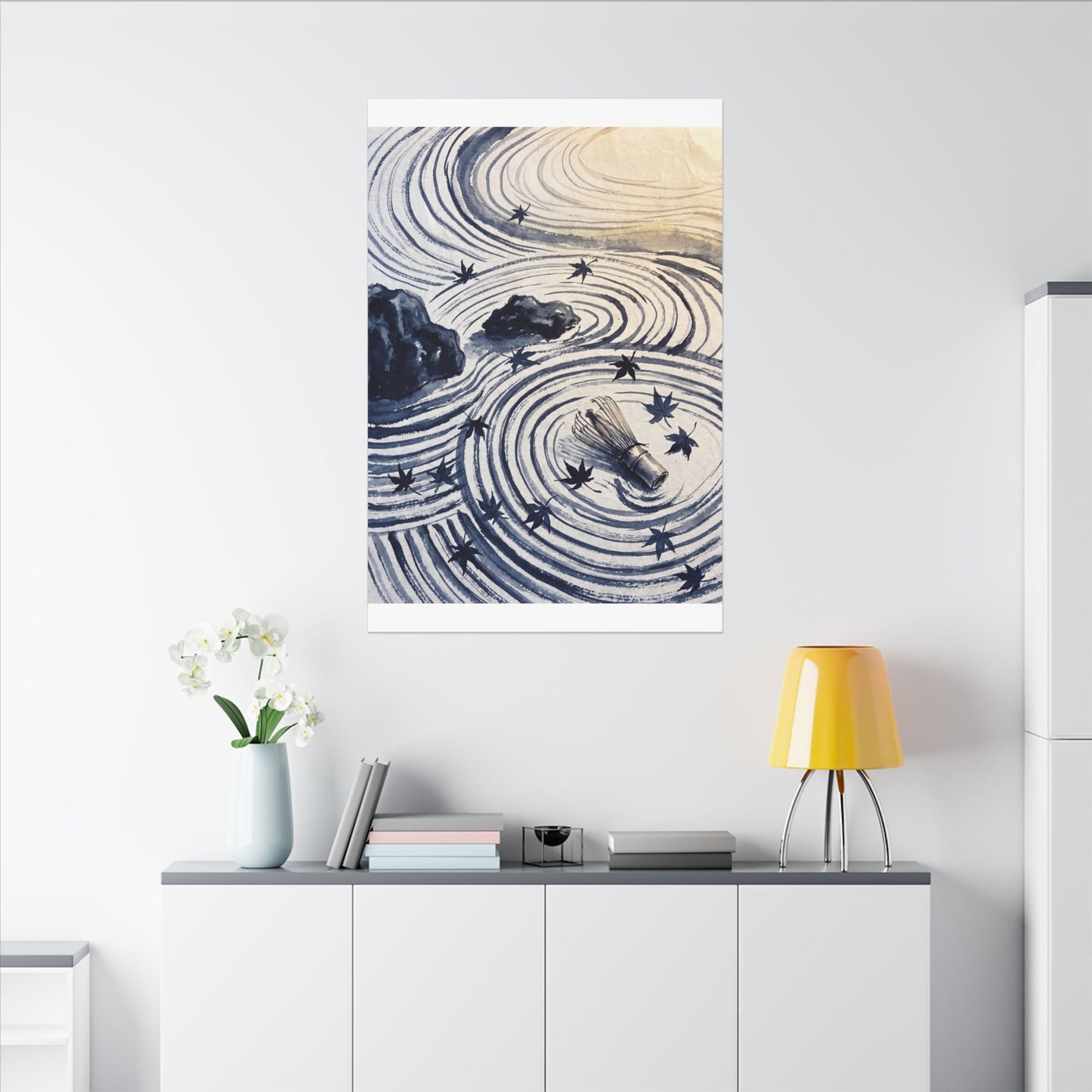 Zen Rock Garden in Golden Hour | Sumi E Canvas Art