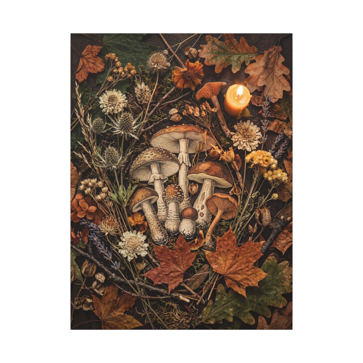 Autumn Dried Flowers Mushroom Illustration Canvas Art | Earthy Decor
