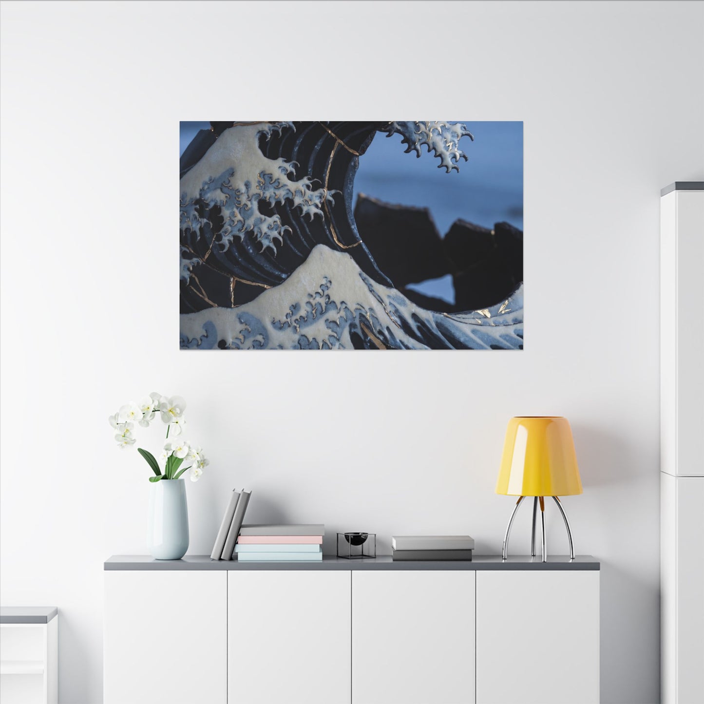 Ocean Wave Canvas Art | Winter Kintsugi Gold Repair Art